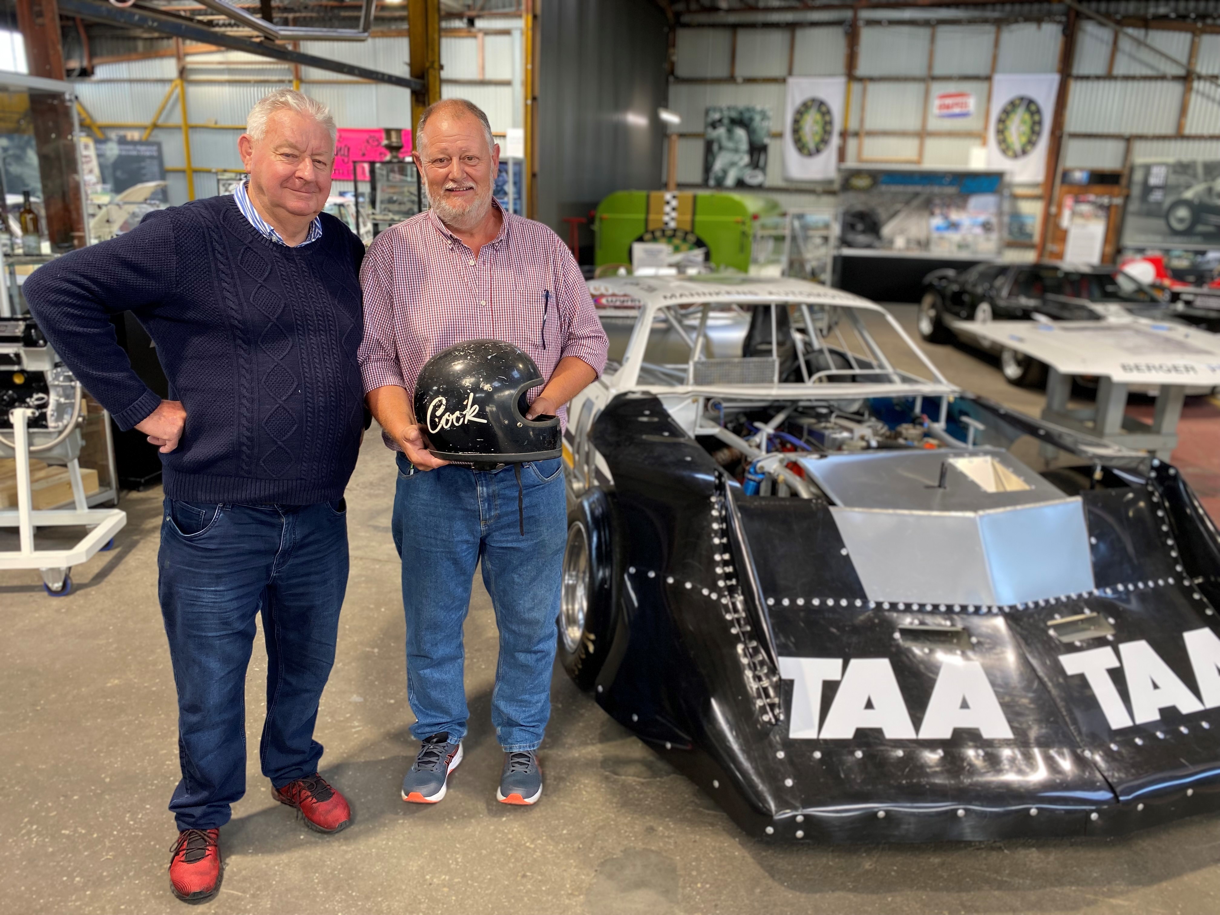 Rob Knott of Longford and speedway enthusiast Scott Piper of Youngtown with the 1983 Commodore turbo 6 Scott built to replicate the iconic super sedan raced by the late Gene Cook.