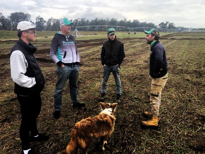 US visitor Dick Okray and local potato growers inspect a pivot irrigation system and drainage works with WD drainage manager Will Wishaw at Heazlewood’s Lane, Whitemore.