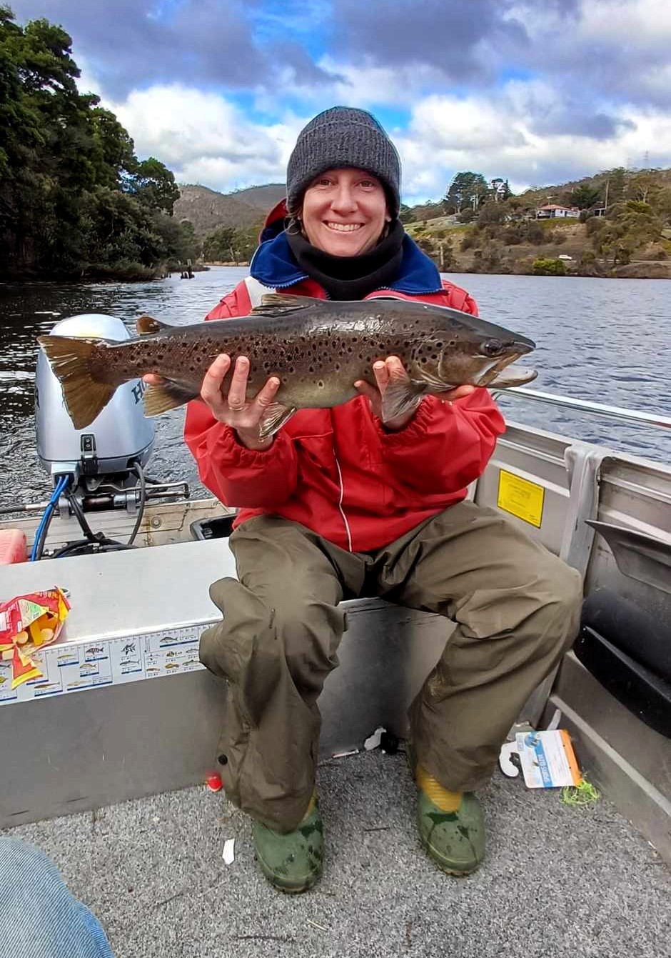 Kirsty Chalmers holding the 1.805 kg fish she caught last Sunday in the NNLAA's opening weekend trout fishing competition