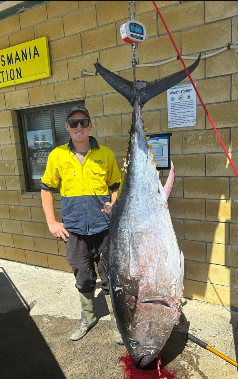 Connor Evans with the 119 kg Southern Bluefin Tuna he caught recently.