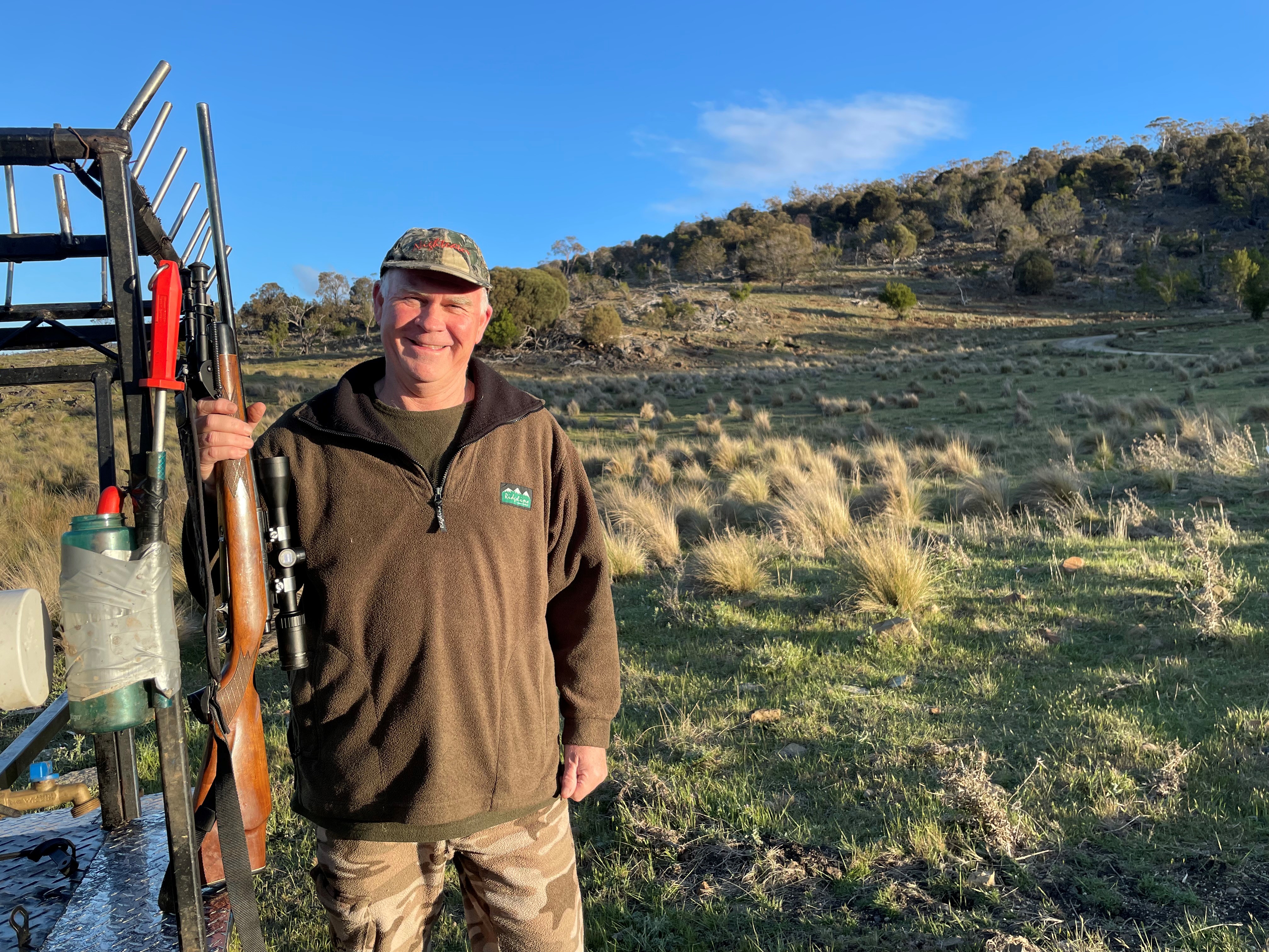 Scott Flude, from Bridgenorth, ready for a night's hunting on a property near Avoca.