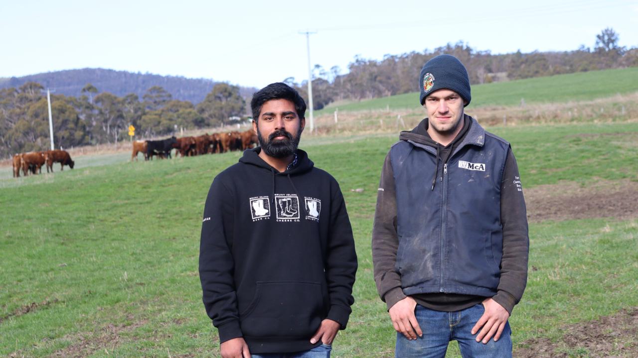 Deep Water Farm Manager Ajun Shaju with farm hand Callum Robbie