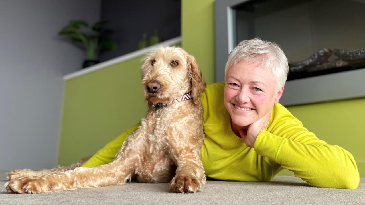 Oscar, the first labradoodle to be rehomed with Di Jessup