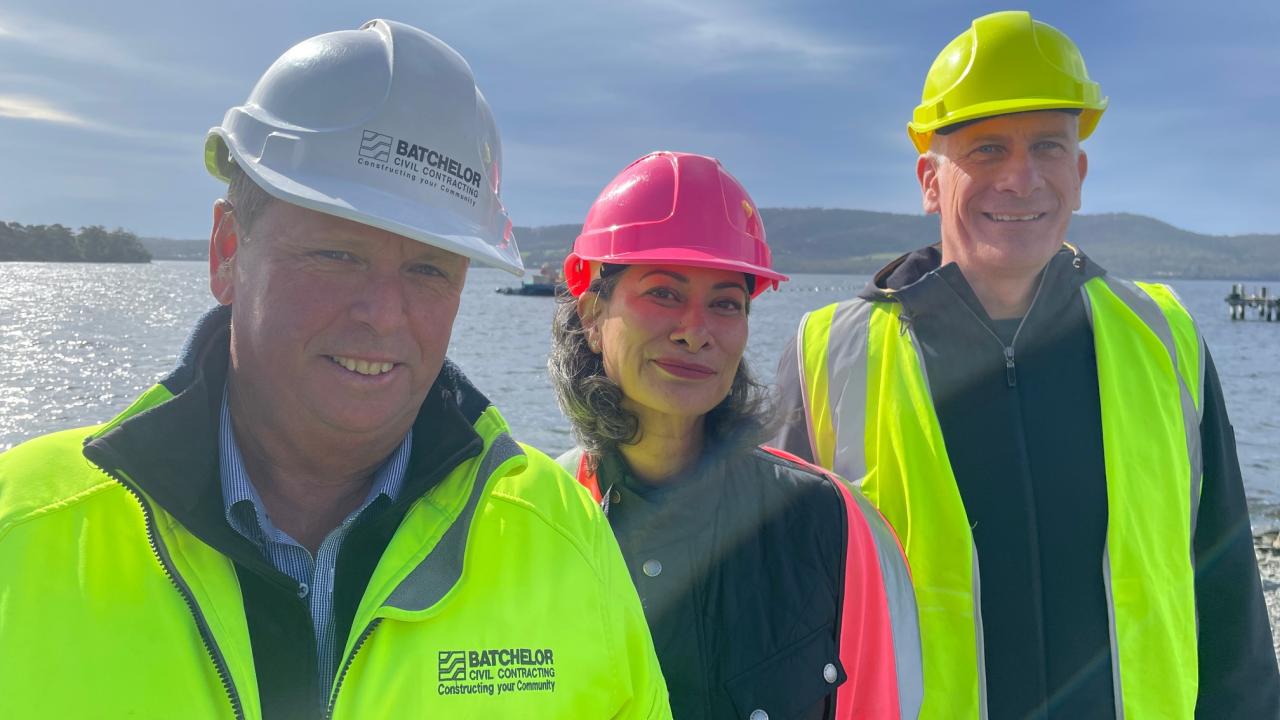 L-R  Richard Gilbert Batchelors Constuction with Mary Massina and Michael Kerschbaum of the Souther Arm Irrigation Scheme at the water pipeline staging point Margate.