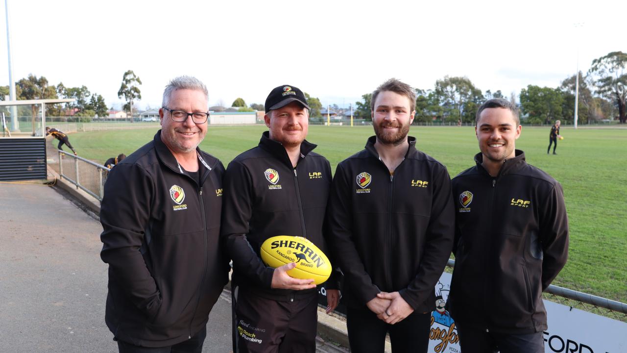 Longford Football Club president Rob Moore, club coach Mitch Stagg, seniors team captain Kacey Curtis and reserves coach Dylan Headland.