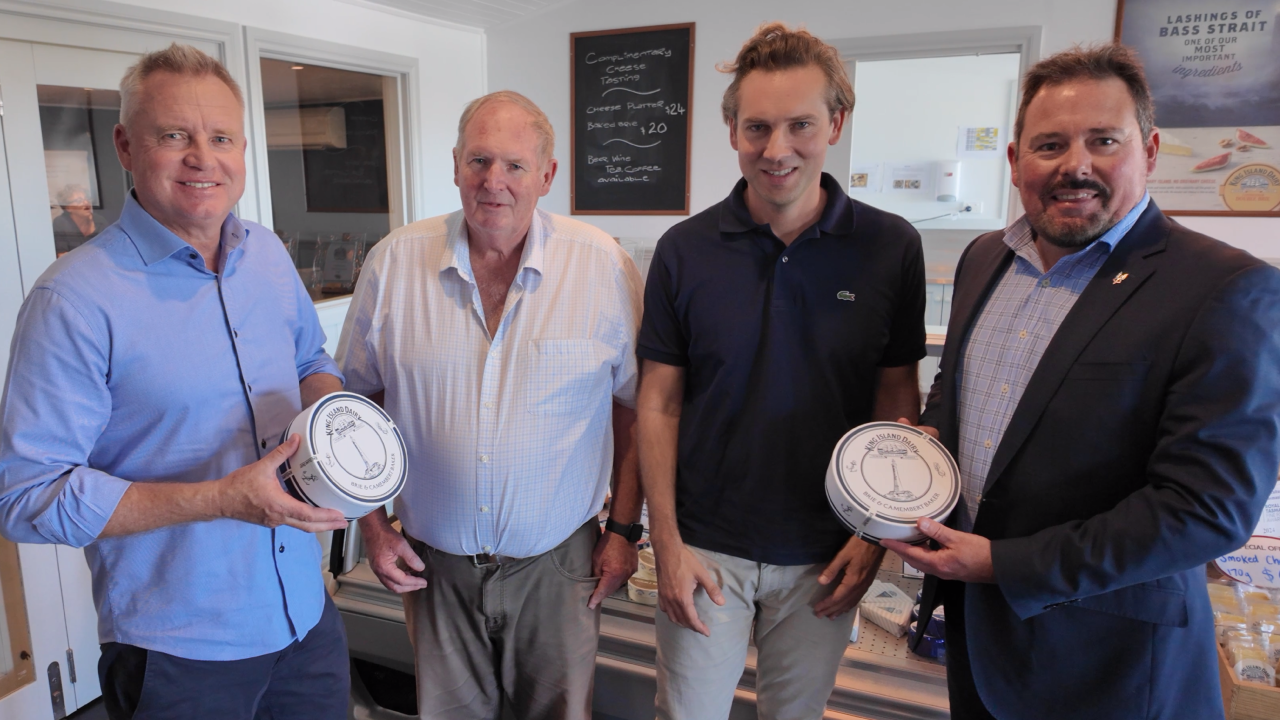 Premier Jeremy Rockliff, new Dairy owners Nick Dobromilsky and Graeme Wilson, and King Island Mayor Marcus Blackie.