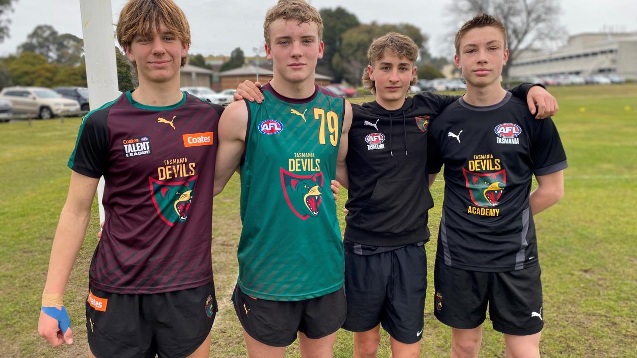 William Free of New Norfolk (NNJFC), Aydan Bailey of New Norfolk (NNJFC), Jonty Daft of Brighton (BJFC) and Thomas Bearman of Brighton (BJFC) are among the Derwent Valley players in the Under 15 Tasmanian team contesting the All-Schools Football Championships on the Gold Coast on July 27.