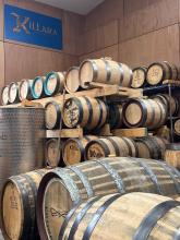 Inside the distillery, barrels used to store spirits