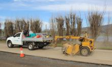 Crews clean road surface of mud and debris at Bushy Park