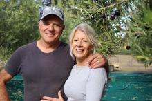 Marco and Vicki Linardi among their olive trees at Lauriston Grove.