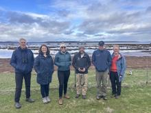 Moulting lagoon Field Day saw wildlife biologist Stewart Blackhall, NRM officers Paige Green and Grace Isdale, Glen Bain of Tasmanian Land Conservancy, NRM officer Zak Wheaton, and Bec Sheldon from Nature Glenelg Trust come together to discuss the restoration work done by NRM South. 