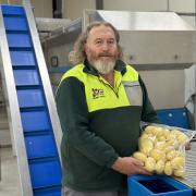 Terrence Rattray with some peeled potatoes at Yum Tasmanian Gourmet Potatoes