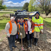 L-R Blaze Aid volunteers; Cheryl Youkee from Sheffield, Vanessa Alayo from Canada, Amy Curran from Ireland and Stewart Crafter from Melbourne on a property at Hamilton damaged by floods.