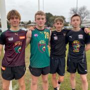 William Free of New Norfolk (NNJFC), Aydan Bailey of New Norfolk (NNJFC), Jonty Daft of Brighton (BJFC) and Thomas Bearman of Brighton (BJFC) are among the Derwent Valley players in the Under 15 Tasmanian team contesting the All-Schools Football Championships on the Gold Coast on July 27.